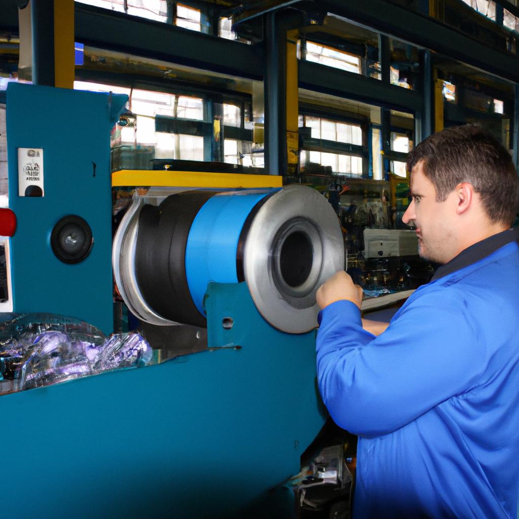 Person inspecting manufacturing equipment
